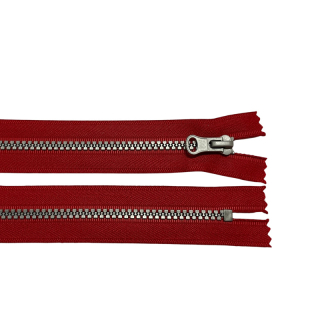 Zip kostěný nedělitelný 18cm-ČERVENÁ se stříbrnými zoubky