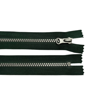 Zip kostěný nedělitelný 18cm-TMAVĚ ZELENÁ se stříbrnými zoubky