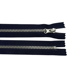 Zip kostěný nedělitelný 18cm-NAVY se stříbrnými zoubky