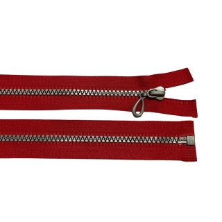 Zip kostěný dělitelný 35cm-ČERVENÁ se stříbrnými zoubky