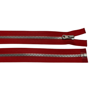 Zip kostěný dělitelný 50cm-ČERVENÁ se stříbrnými zoubky